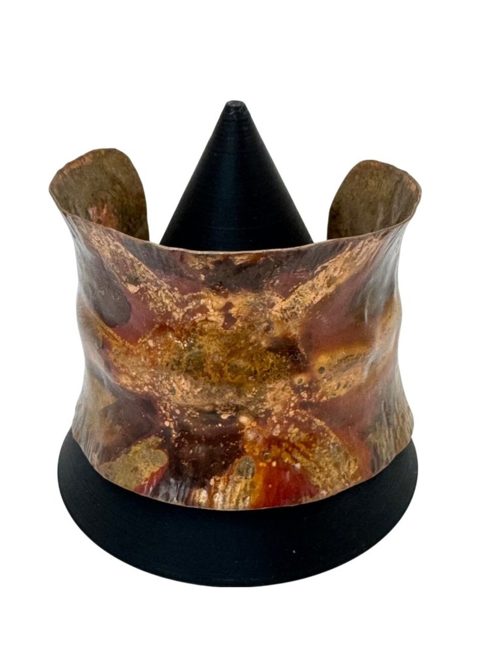 Vintage Artisan Flame Colored Thick Copper Cuff Bracelet Aged Patina Metal Art